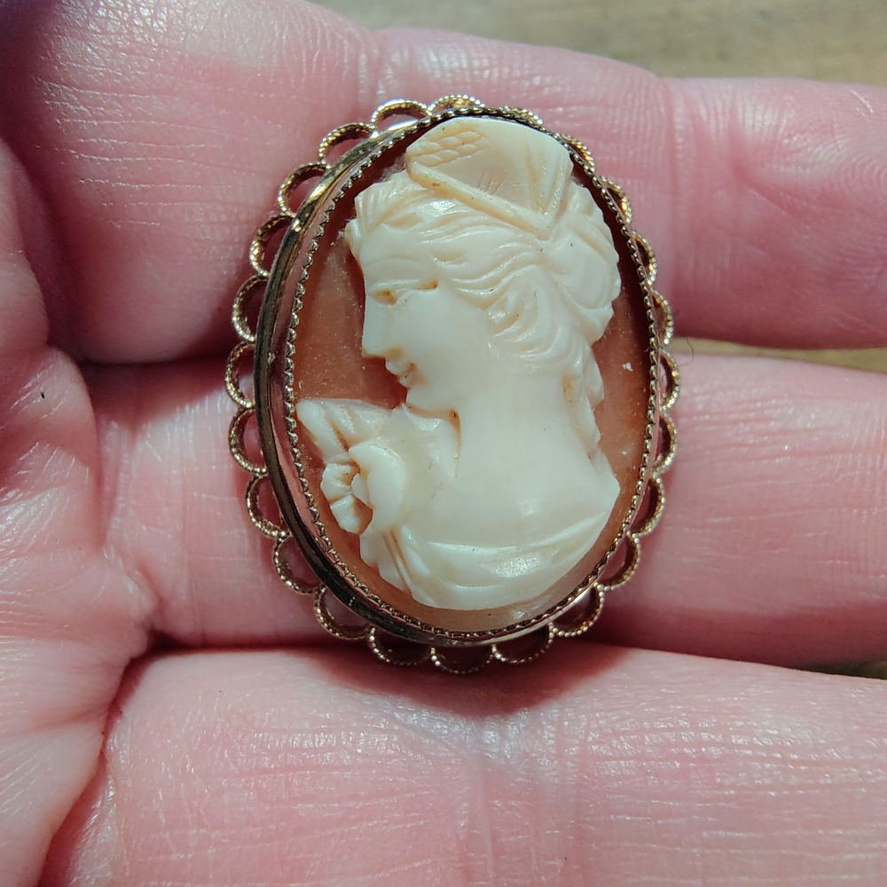 Elegant Vintage Cameo Brooch/ Pendant in Gold and Cream